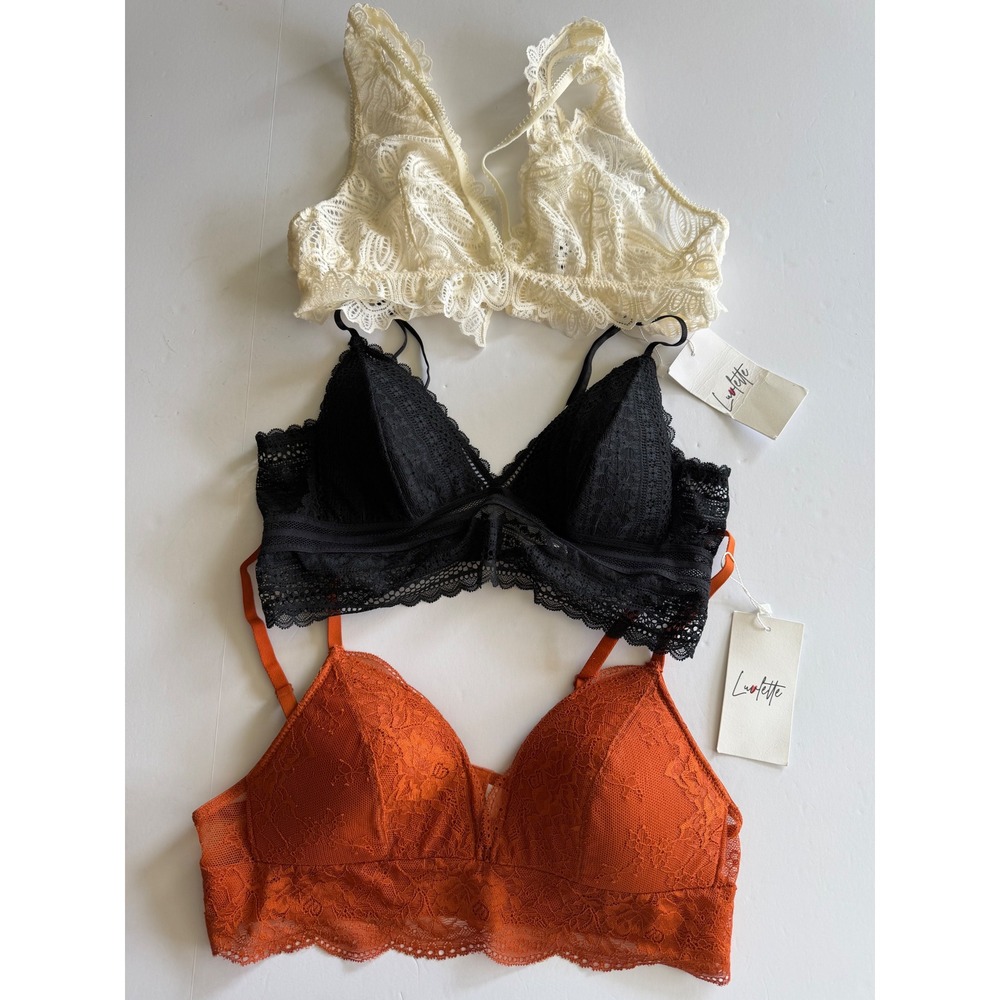 Luvlette Lace Bralette Bundle 3‎ Pack Cream Black Rust Orange Longline
